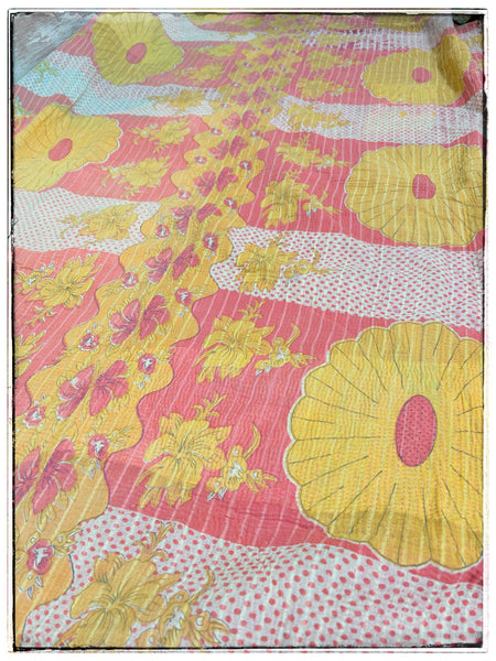 Large Vintage Kantha Quilt in Pink, Yellow and Green