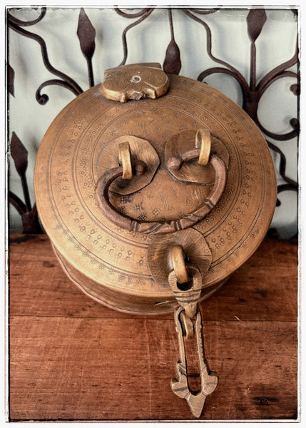 Antique engraved tins with ornate hardware