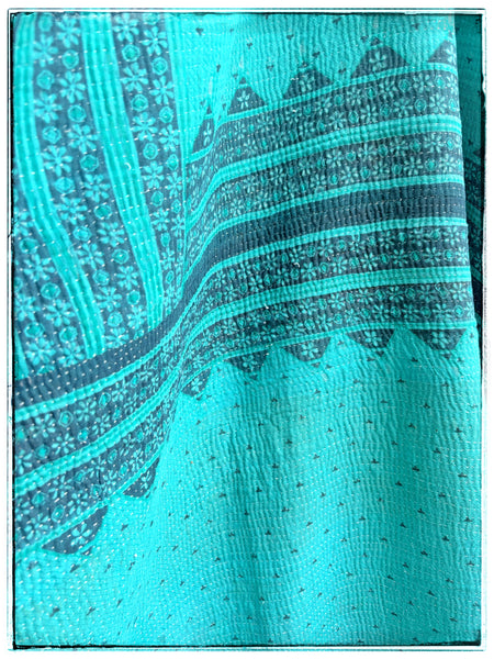 Vintage Kantha Quilt in Teal and Light Blue