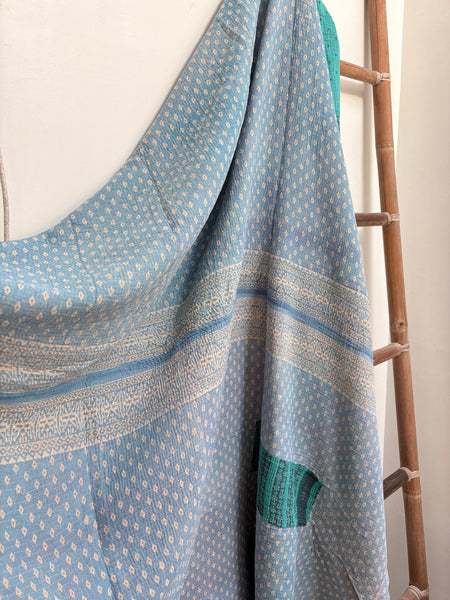 Vintage Kantha Quilt in Teal and Light Blue