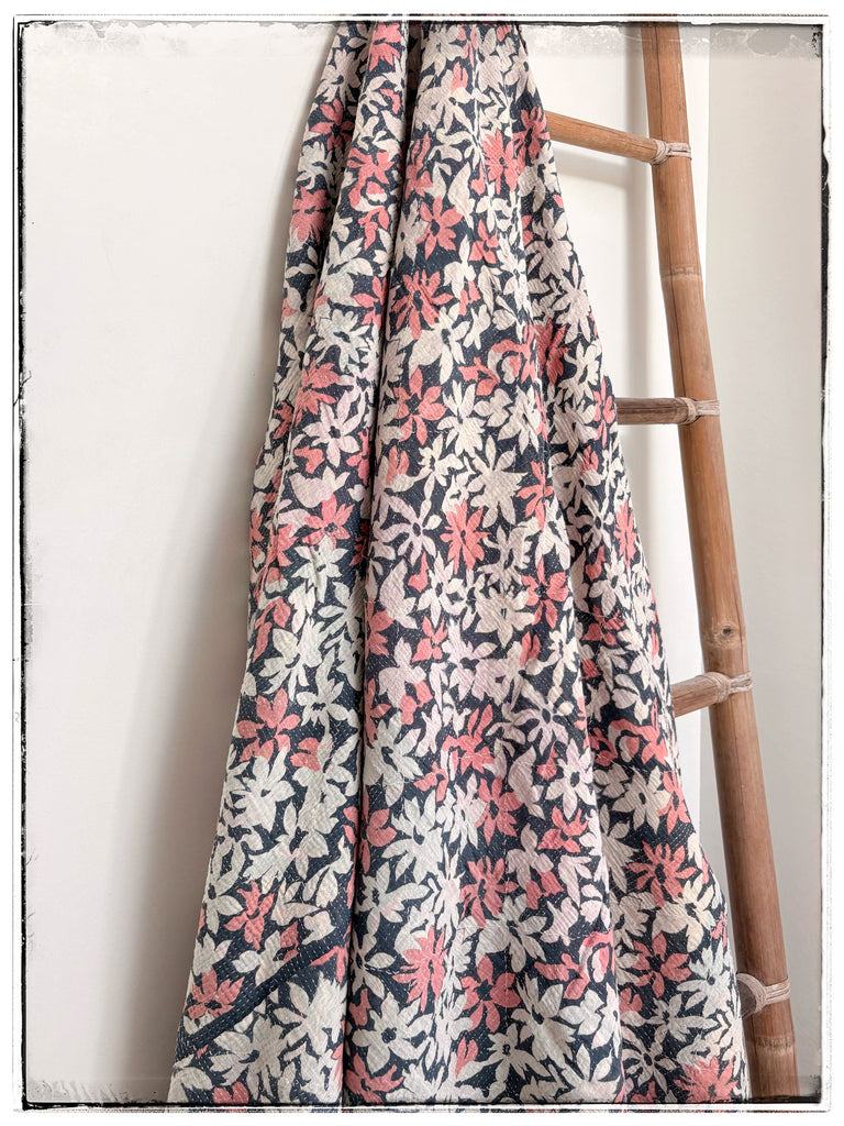 Vintage Kantha Quilt in Faded Navy Floral, Rust and Olive