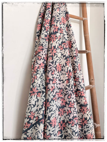 Vintage Kantha Quilt in Faded Navy Floral, Rust and Olive