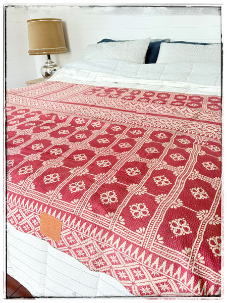 Large Vintage Fine Stitched Kantha Quilt in Cherry
