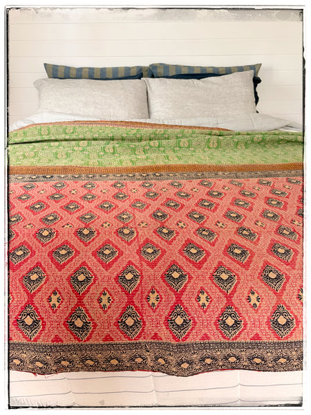 Extra Large Vintage Kantha Quilt in Green and Red