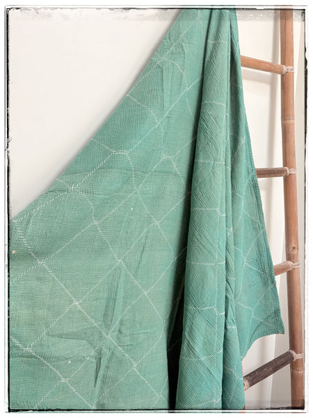 Vintage Diamond Stitched Kantha Quilt in Green and Cream