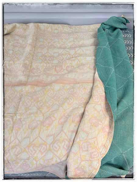 Vintage Diamond Stitched Kantha Quilt in Green and Cream
