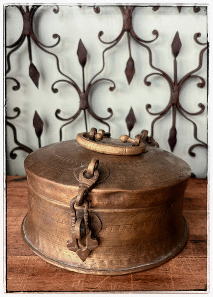 Antique engraved tins with ornate hardware
