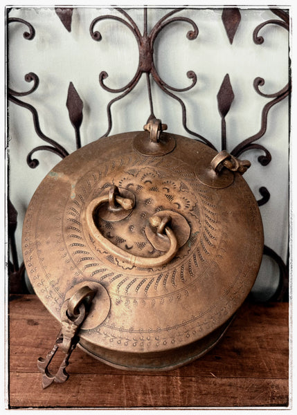 Antique engraved tins with ornate hardware
