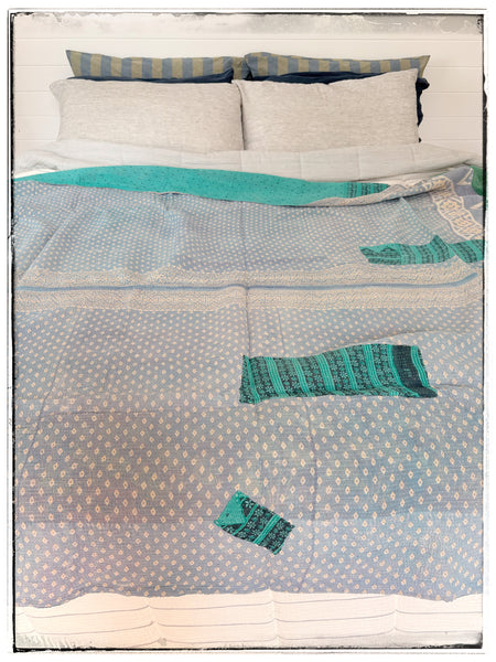 Vintage Kantha Quilt in Teal and Light Blue