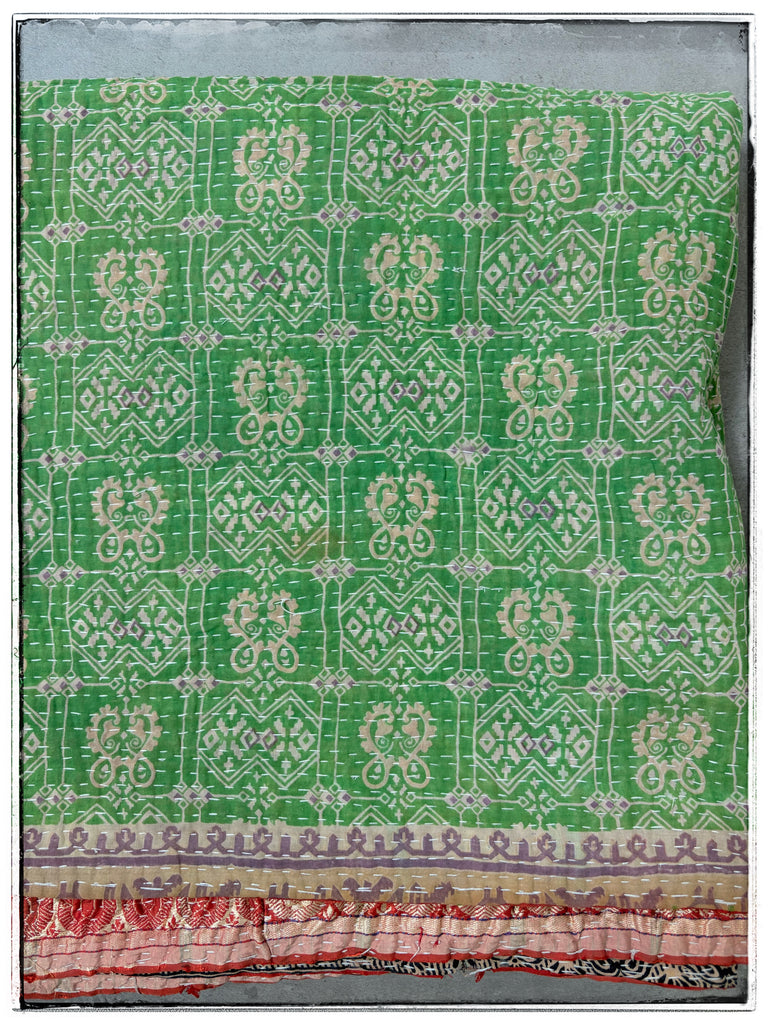 Extra Large Vintage Kantha Quilt in Green and Red