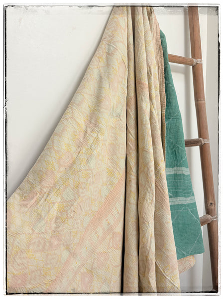 Vintage Diamond Stitched Kantha Quilt in Green and Cream
