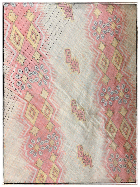 Large Vintage Kantha Quilt in Pale Pink and Beige