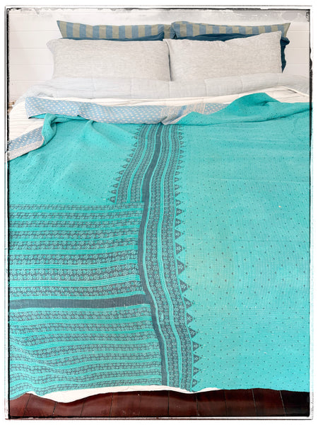 Vintage Kantha Quilt in Teal and Light Blue