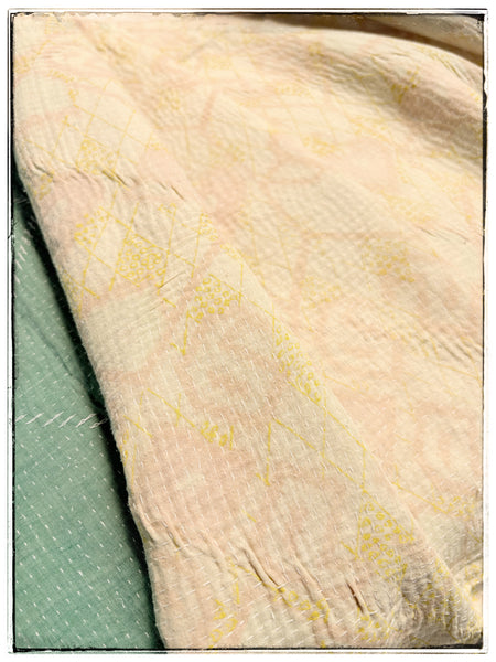 Vintage Diamond Stitched Kantha Quilt in Green and Cream