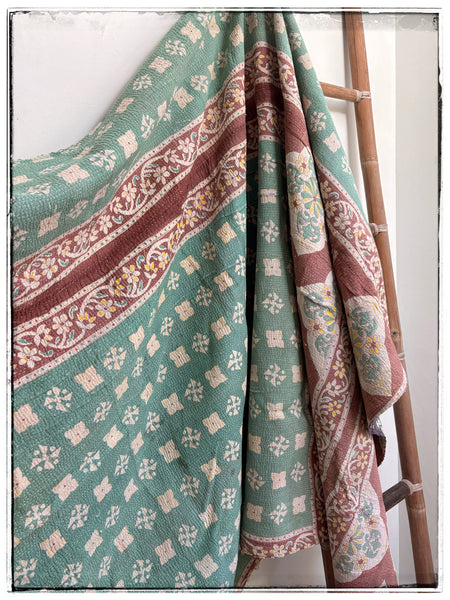 Vintage Kantha Quilt in Faded Navy, Light Green and Brown