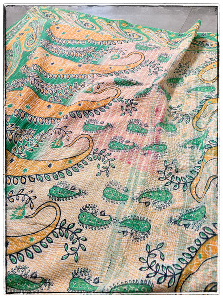 Large Vintage Kantha Quilt in Pink, Yellow and Green