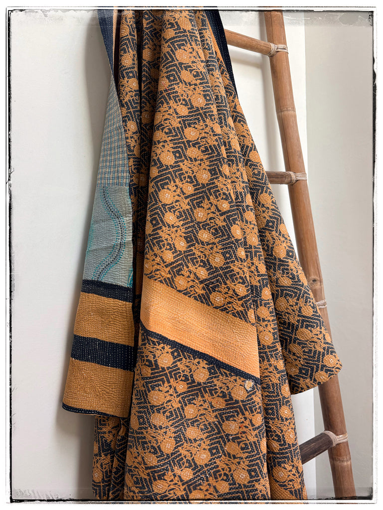 Fine Stitch Vintage Kantha Quilt in mustard, navy and light blue
