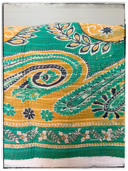 Large Vintage Kantha Quilt in Pink, Yellow and Green