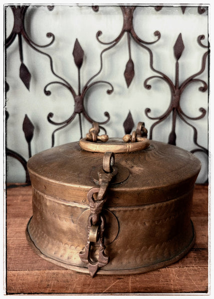 Antique engraved tins with ornate hardware