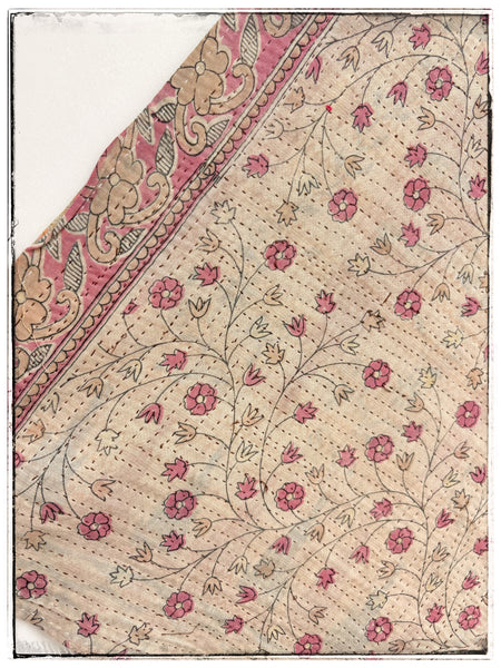 Large Vintage Kantha Quilt in Pale Pink and Beige