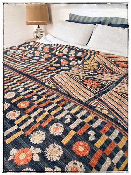 Vintage Kantha Quilt in Navy, Yellow, Orange and Green