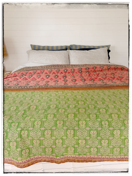 Extra Large Vintage Kantha Quilt in Green and Red