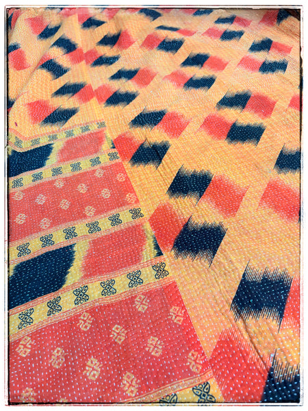 Extra Large Vintage Kantha in Vibrant Navy and Orange