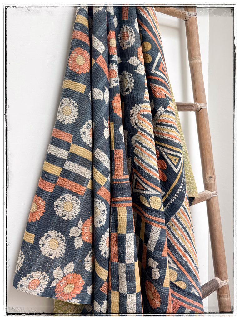 Vintage Kantha Quilt in Navy, Yellow, Orange and Green