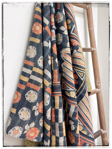 Vintage Kantha Quilt in Navy, Yellow, Orange and Green