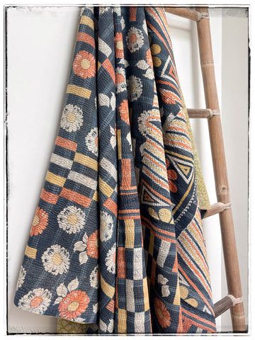 Vintage Kantha Quilt in Navy, Yellow, Orange and Green