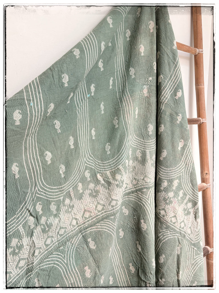 Vintage Kantha Quilt in Moss Green