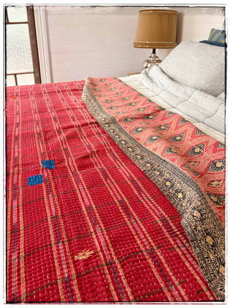 Extra Large Vintage Kantha Quilt in Green and Red