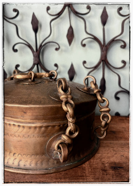 Antique engraved tins with ornate hardware
