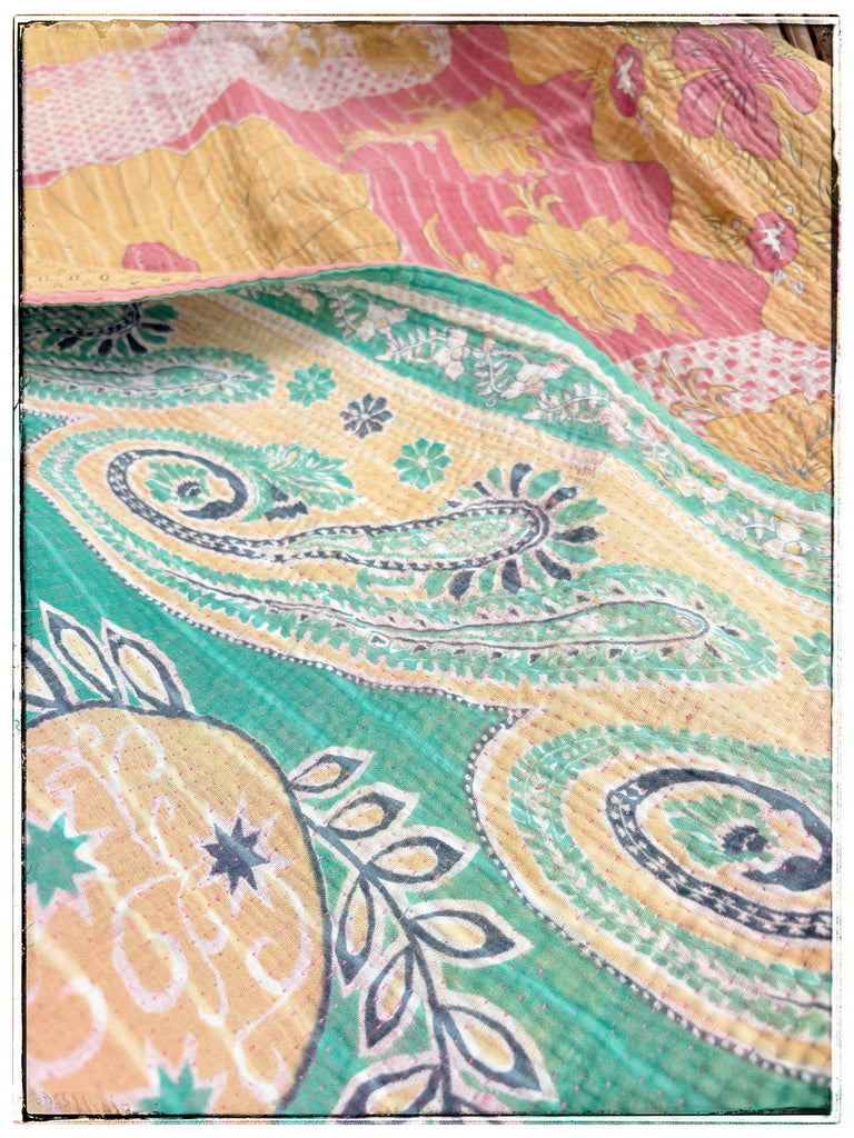 Large Vintage Kantha Quilt in Pink, Yellow and Green