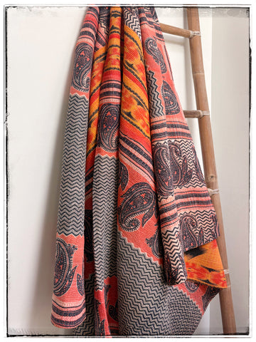 Extra Large Vintage Kantha in Vibrant Navy and Orange