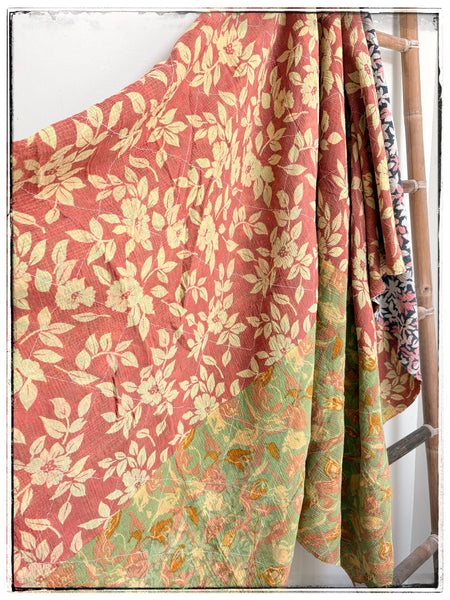 Vintage Kantha Quilt in Faded Navy Floral, Rust and Olive