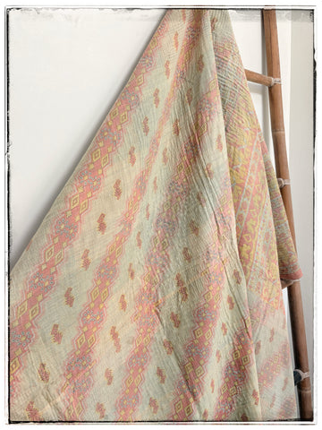 Large Vintage Kantha Quilt in Pale Pink and Beige