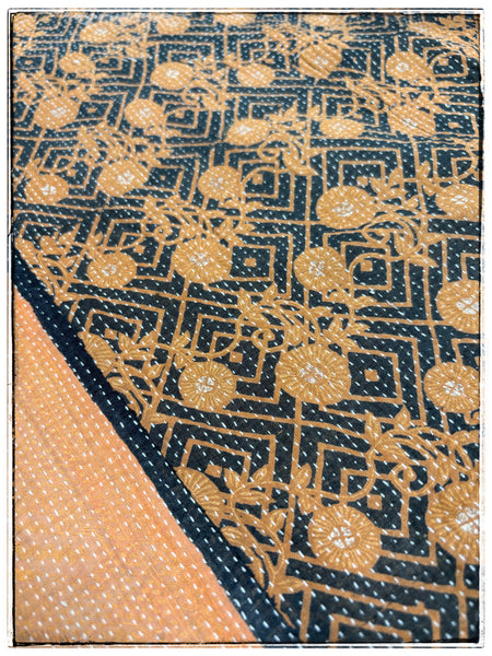 Fine Stitch Vintage Kantha Quilt in mustard, navy and light blue