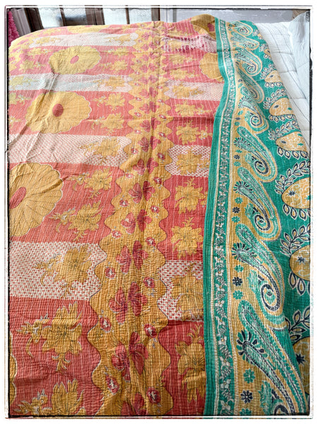 Large Vintage Kantha Quilt in Pink, Yellow and Green