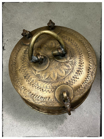 Antique engraved tins with ornate hardware