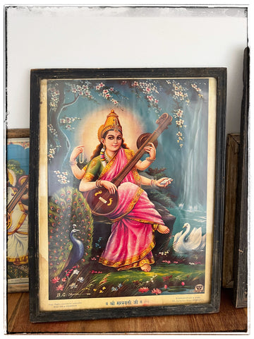 Vintage Saraswati lithograph lge